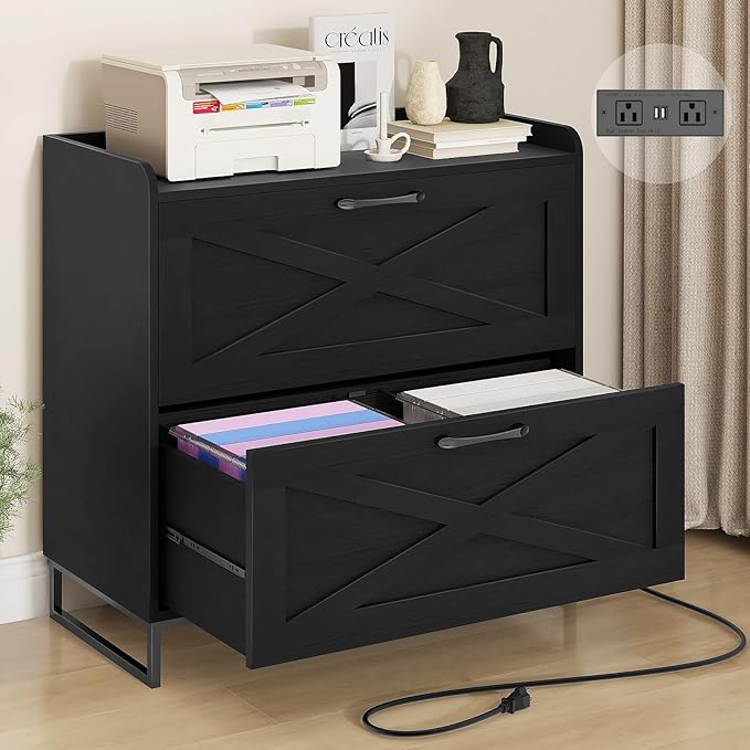 2 Drawer Lateral File Cabinet, Filing Cabinet with Charging Station for Letter/Legal/A4 Size Hanging Files, Modern Farmhouse File Storage Cabinet for Home Office, Printer Stand with Storage, Black