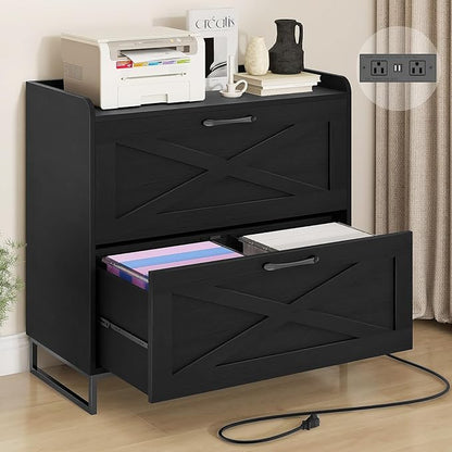 2 Drawer Lateral File Cabinet, Filing Cabinet with Charging Station for Letter/Legal/A4 Size Hanging Files, Modern Farmhouse File Storage Cabinet for Home Office, Printer Stand with Storage, Black