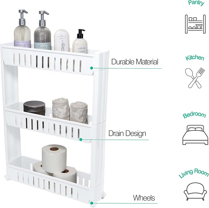 Simplify 3 Tier Slim Slide Out Storage Cart | Multi-Purpose Organization | Rolling | Wheels | Small Space | Laundry Room | Kitchen | Bathroom | Office | White
