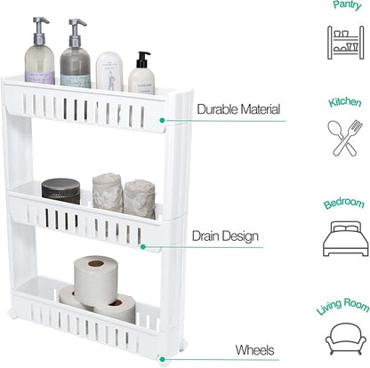 Simplify 3 Tier Slim Slide Out Storage Cart | Multi-Purpose Organization | Rolling | Wheels | Small Space | Laundry Room | Kitchen | Bathroom | Office | White