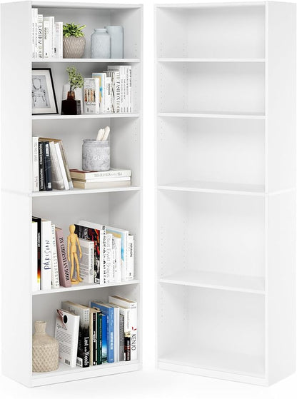 Furinno Jaya Book Shelf Set of 2, 5-Tier Bookshelf, Bookcase, with Adjustable Shelf, 9.5 x 24.5 x 71, for Home Office, Living Room, White