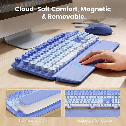 Wireless Keyboard and Mouse Combo, Magnetic Soft-Touch Wrist Rest, Round Keycaps, Full-Size Retro Typewriter Style Keyboard, 2-Stage Tilt Legs, Auto Sleep, 2.4GHz Cordless for Windows PC, Purple Ombre