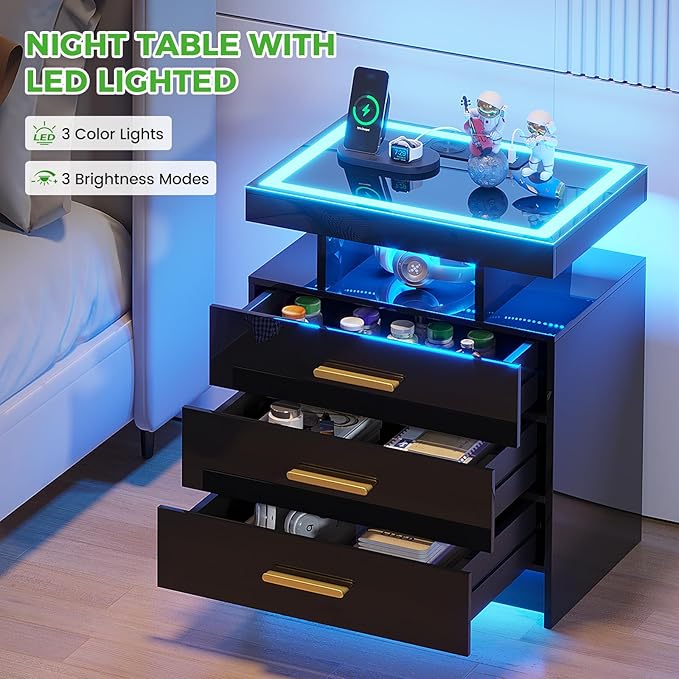 HNEBC Night Stand Set 2 with LED Lights, High Gloss Nightstand with 3 Drawers,Wireless&USB&Type-C Charging Station,Smart Side Tables with Tempered Glass Top for Bedroom,Living Room,Office-Black