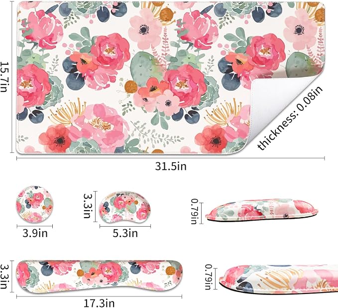 QIYI Leather Desk Mat Set, 4-in-1 Large Mouse Pad with Ergonomic Wrist Rest, Waterproof Desk Pad + Keyboard Wrist Rest + Mouse Wrist Support + Coaster, Non-Slip Office Gaming Accessories, Pink Flowers