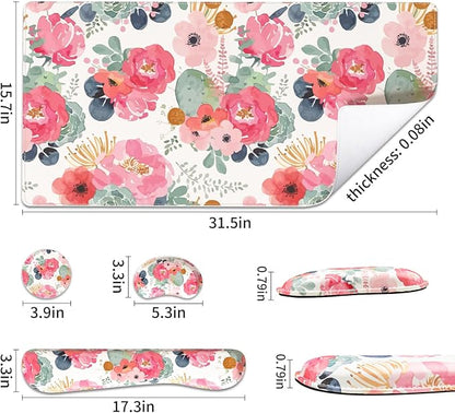 QIYI Leather Desk Mat Set, 4-in-1 Large Mouse Pad with Ergonomic Wrist Rest, Waterproof Desk Pad + Keyboard Wrist Rest + Mouse Wrist Support + Coaster, Non-Slip Office Gaming Accessories, Pink Flowers