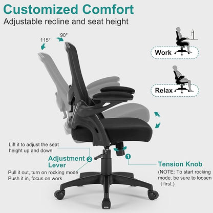 Office Chair, Ergonomic Desk Chair with Adjustable Lumbar Support Breathable Mesh Computer Chair with Flip-up Armrests, Comfy Mid Back Rolling Swivel Executive Chair for Home Office, Black