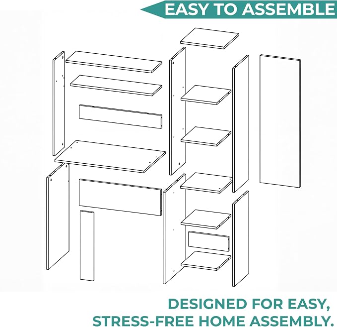 Tuhome Versalles Writing Desk with Two Superior Shelves, Five Side Open Storage Compartments, Space-Saving Modern Workstation Design for Studios and Offices, Ideal for Organization, Books