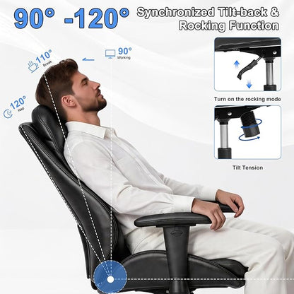 BEWISHOME Office Chair with Rubber Wheels, Big and Tall Office Chair, Ergonomic Office Chairs, Executive Desk Chair, Black PU Leather Computer Comfy Chairs with Lumbar Support, Adjustable Armrests
