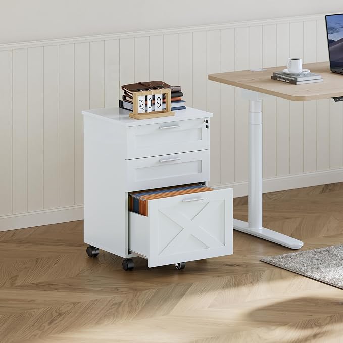 GAOMON 3 Drawer Mobile File Cabinet with Lock, Under Desk Wooden Filing Cabinets for Home Office Organizer Letters/Legal/A4, White