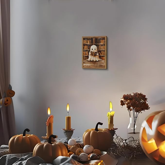 Framed Vintage Library Ghost Wall Art - Halloween Picture Decor, Cute Ghost Reading Books Canvas Print, Halloween Wall Decor for Living Room Bedroom Home Office, 8x10in Wood Frame