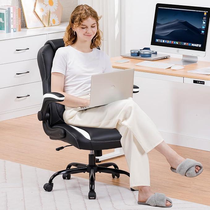 GTPLAYER Office Computer Gaming Chair Ergonomic Desk Chair for Adults with Lumbar Support Flip-Up Arms Adjustable Height Swivel Wheels PU Leather Executive Design for Short People Use, White