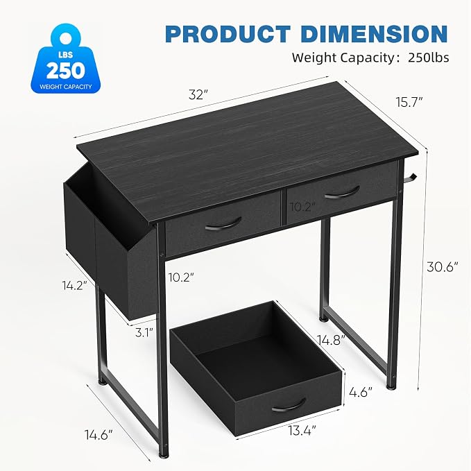 OLIXIS 32 Inch Small Desk with Fabric Drawers for Home Office, Gaming Computer Desk with Side Bag & Headphone Hook, Writing Study Work Table for Bedroom Small Space, Sleek Black