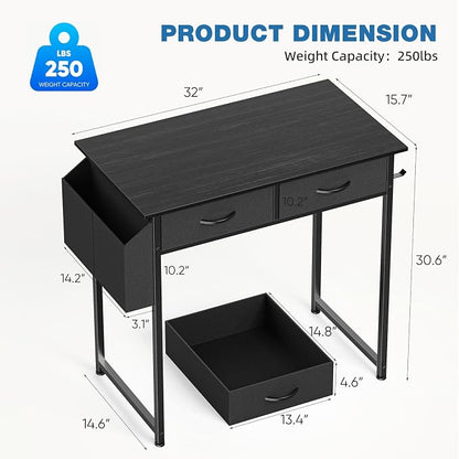 OLIXIS 32 Inch Small Desk with Fabric Drawers for Home Office, Gaming Computer Desk with Side Bag & Headphone Hook, Writing Study Work Table for Bedroom Small Space, Sleek Black