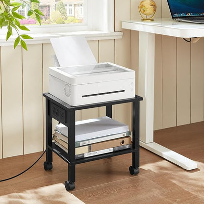 YUFAM 2 Tier Under Desk Printer Stand with Storage, Small Printer Table with Charging Station, Rolling Printer Cart Shelf with Lockable Wheels for Home, Office (Black)