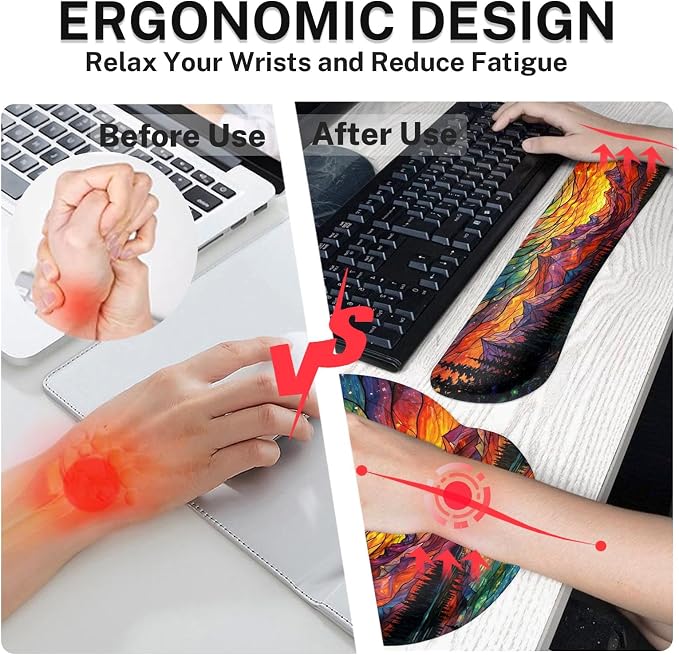 Britimes Mountain Colorful Abstract Keyboard Mouse Pad Set Galaxy Forest 4in1 Large Mousepad+Keyboard Wrist Rest+Mouse Wrist Rest+Coaster Ergonomic Design for Home Office Computer 35.4x15.7 inches