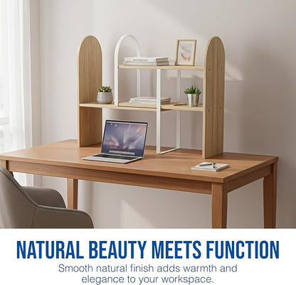 Maplefield Desk Hutch Expandable Shelf Organizer, Natural Finish, Engineered Wood Desktop Storage Rack for Office, Dorm, or Home – Adjustable Over Desk Bookshelf for Supplies, Decor & Accessories