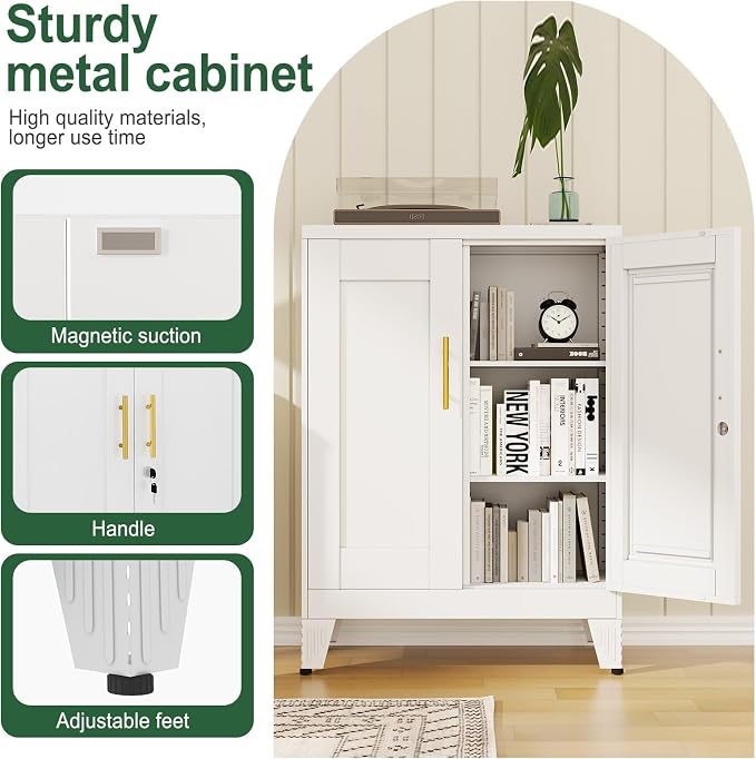 White Metal Storage Cabinet, 36" Tall Locking Storage Cabinet with 2 Adjustable Shelves, Steel Locker Organizer, for Office, Home, School, 11.81" D x 23.62" W x 35.83" H, 2PS