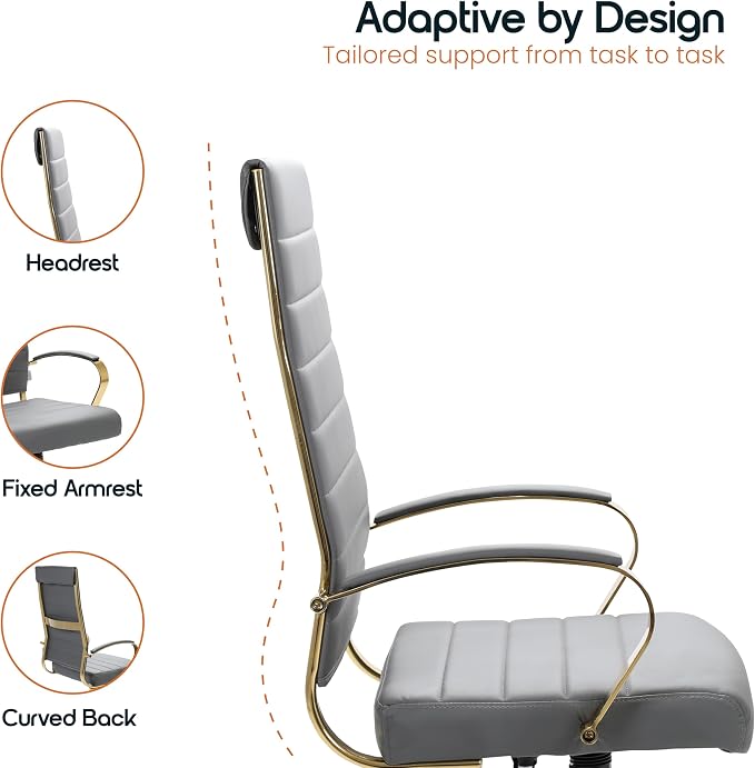 LeisureMod Modern High-Back Leather Office Chair - Swivel & Adjustable Executive Desk Chair with Gold Frame, Ergonomic Design for Home & Office (Grey, Set of 8)