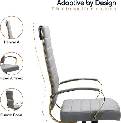 LeisureMod Modern High-Back Leather Office Chair - Swivel & Adjustable Executive Desk Chair with Gold Frame, Ergonomic Design for Home & Office (Grey, Set of 8)