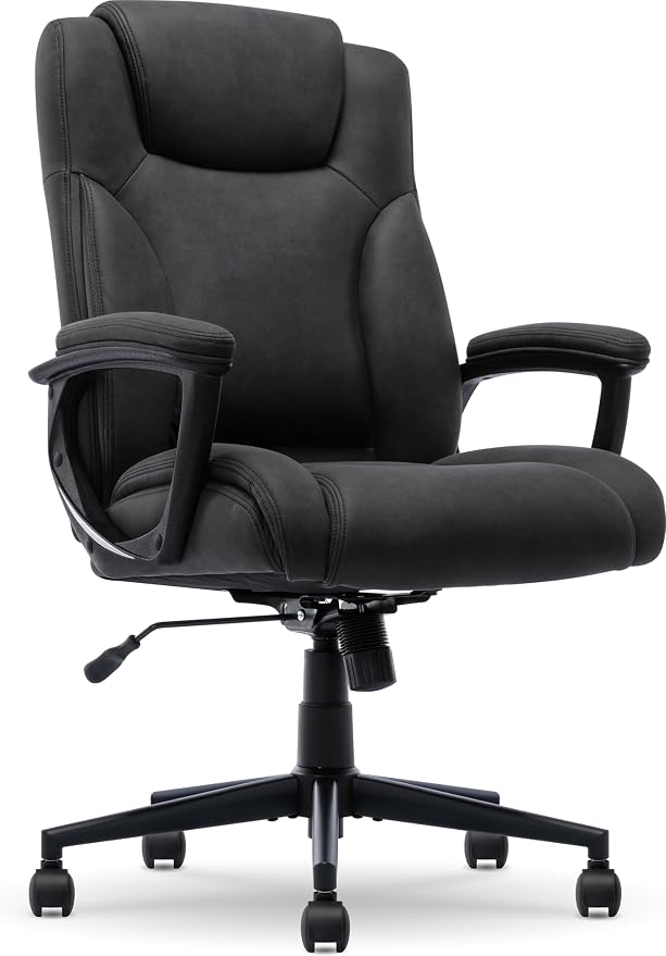 Serta Comfort Eco Office Chair, Ergonomic Mid-Back with Lumbar Support, Semi-Plush Seat Cushion and Layered Body Pillows, Padded Armrests, Metal Swivel Base, Soft Velvet Fabric, Black