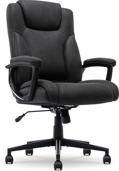 Serta Comfort Eco Office Chair, Ergonomic Mid-Back with Lumbar Support, Semi-Plush Seat Cushion and Layered Body Pillows, Padded Armrests, Metal Swivel Base, Soft Velvet Fabric, Black
