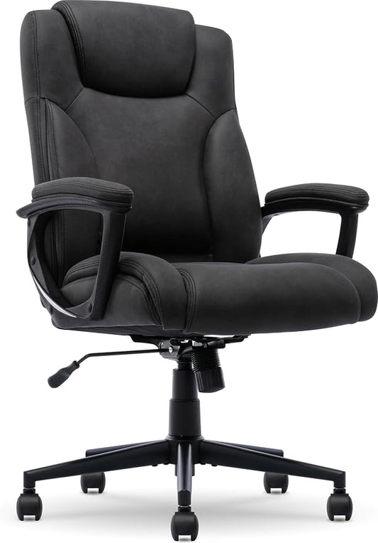 Serta Comfort Eco Office Chair, Ergonomic Mid-Back with Lumbar Support, Semi-Plush Seat Cushion and Layered Body Pillows, Padded Armrests, Metal Swivel Base, Soft Velvet Fabric, Black