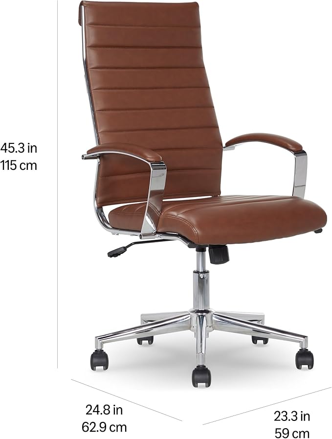 Amazon Basics High-Back Swivel Office Chair with Lumbar Support, Ergonomic Ribbed Faux Leather, Adjustable Height, 24.75"D x 23.25"W x 45.25"H, Brick Red
