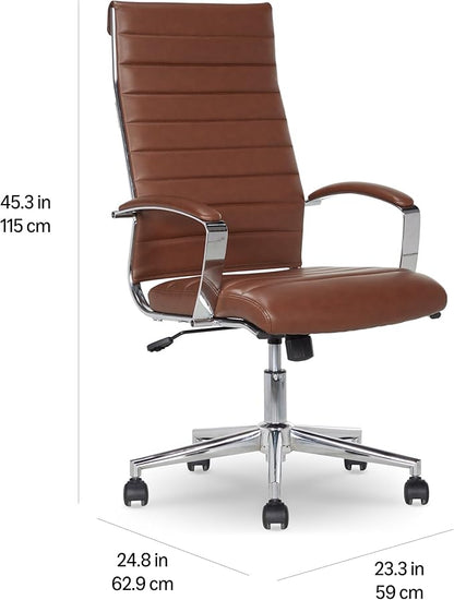 Amazon Basics High-Back Swivel Office Chair with Lumbar Support, Ergonomic Ribbed Faux Leather, Adjustable Height, 24.75"D x 23.25"W x 45.25"H, Brick Red