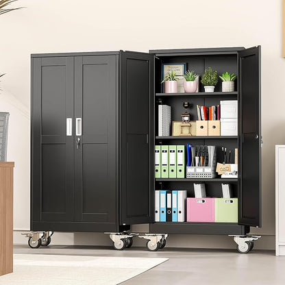 winiowa 61" Tall Metal Garage Storage Cabinet with Wheels, Steel Locking Rolling Tool Cabinet with 3 Adjustable Shelves for Garage,Home,Office (Black)
