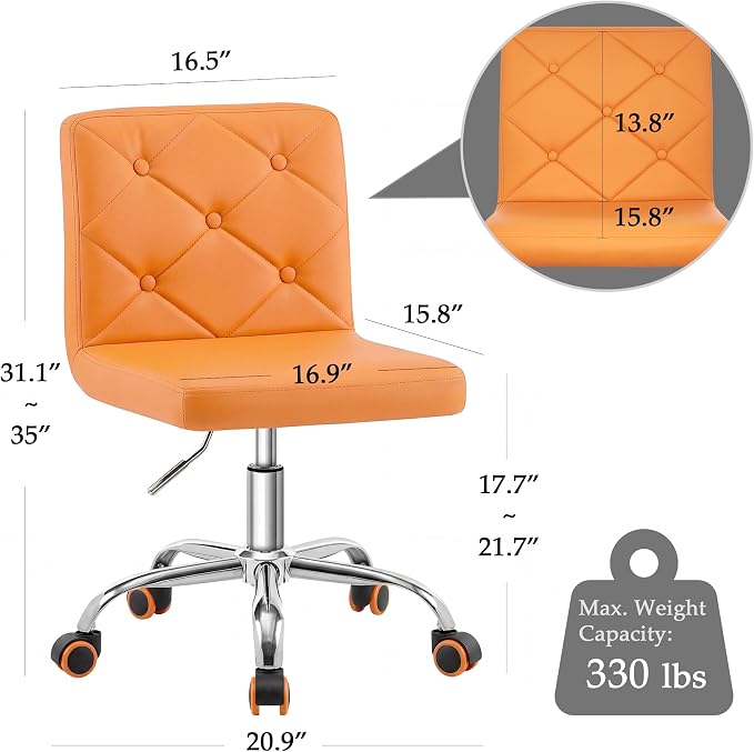 VECELO PU Leather Mid-Back Armless Vanity Chair Adjustable Height 360° Rolling Swivel for Home Office Work