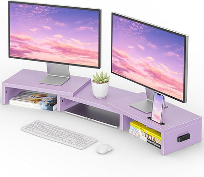 BONTEC Dual Monitor Stand Riser with Smartphone Holder, Adjustable Length & Swivel Angle, Ergonomic Wooden Desktop Organizer for PC Monitor, Laptop, Printer, Large Storage, Purple