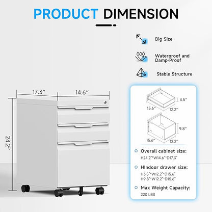 Bestoo Mobile File Cabinet with Lock, 3 Drawer Filing Cabinet, Under Desk Metal Rolling Filing Cabinets for Home Office, Fits Letter/Legal/A4 Size File, Easy Assembly