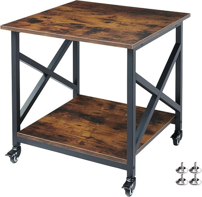 Fannova Large Printer Stand, 23.6 x 23.6 x 22.6 Inches Square Printer Table with Storage Shelf, 2 Tier Rolling Printer Cart with Industrial Wheels for Home Office - Rustic Brown