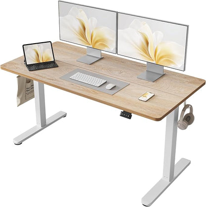 FAMISKY Height Adjustable Standing Desk, 55x 24 Inch Electric Stand up Home Office Table, Sit Stand Desk Computer Workstation with Splice Board, White Frame & Greige Desktop