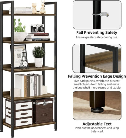 NUMENN Bookshelf, 5 Tier Bookshelves, Home Office Bookcase Shelf Storage Organizer, Free Standing Storage Shelving Unit for Bedroom, Living Room and Home Office, Dark Walnut