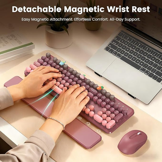 Wireless Keyboard and Mouse Combo, Cute Retro Typewriter Keyboard with Round Keycaps, Magnetic Wrist Rest, Full-Size Aesthetic Design, 2.4GHz Wireless for Mac, Windows PC, SABLUTE CK23, Pink Gradient