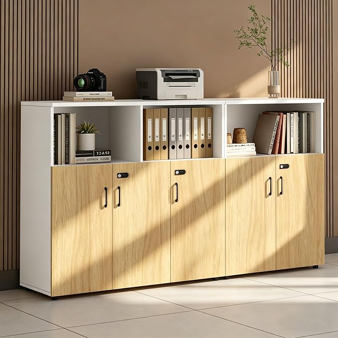 File Cabinet with Password Lock, Wood Lateral Filing Cabinet for Letter/A4 Files, 3 Drawer with Door, Printer Stand with Open Shelves for Home Office