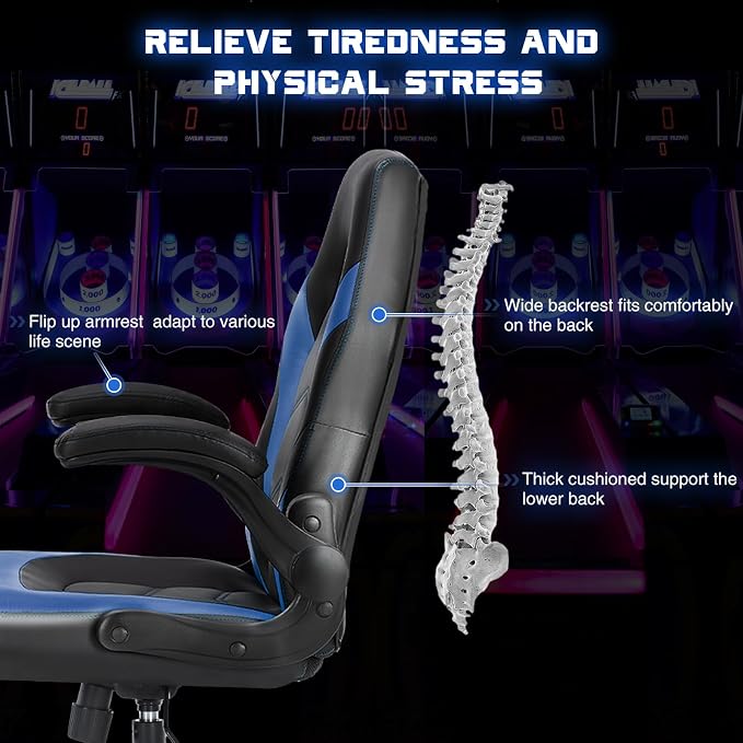Sweetcrispy Computer Video Game Desk Chair: Ergonomic Comfy Lumbar Support, PU Leather with Flip-up Armrest, Height Adjustable and 360° Swivel, for Adults, Black Blue