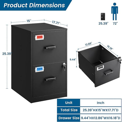 PEUKC 2 Drawer File Cabinet with Lock, 25.4" High Vertical Filing Cabinet, 17.7" Deep Metal Storage Cabinets for Home Office, Letter/Legal/A4/F4 Size, Black(Assemble Required)