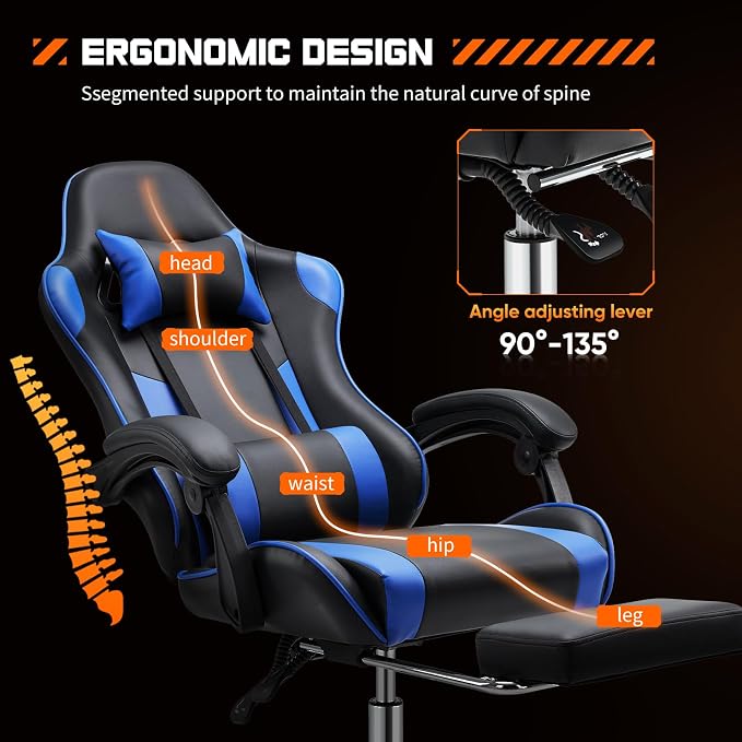 Sweetcrispy Video Game Desk Chair, High Back Ergonomic PU Leather Computer Gaming Chair with Adjustable Headrest & Footrest, Linkage Armrest and Height Adjustable, 360° Swivel, for Adults, Blue