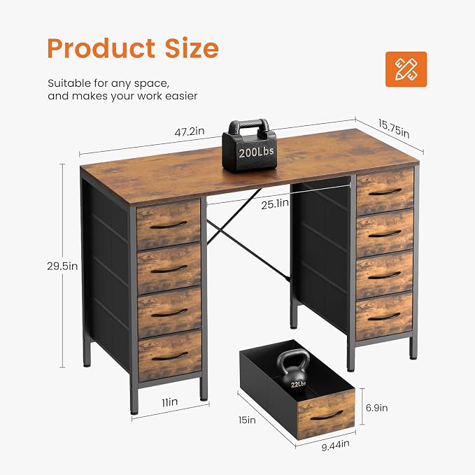 Sweetcrispy Computer Desk with 8 Fabric Drawers for Home Office Bedroom, 47 Inch Gaming Writing Study Table with X-Shaped Reinforced Structure PC Desk, Brown