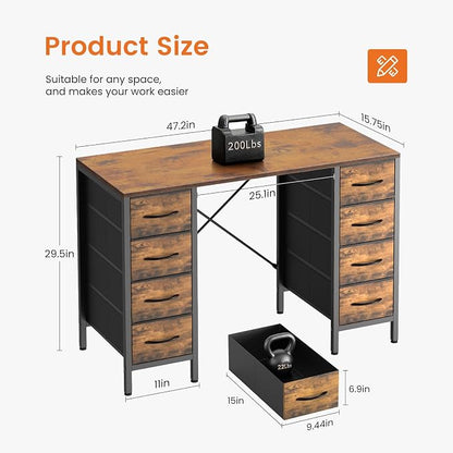 Sweetcrispy Computer Desk with 8 Fabric Drawers for Home Office Bedroom, 47 Inch Gaming Writing Study Table with X-Shaped Reinforced Structure PC Desk, Brown