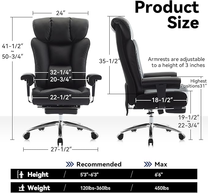 Efomao Big and Tall Executive Office Chair 450lbs,Black | 5.9" Thick Pocket Spring Cushion, Reclining Breathable PU Leather Desk Chair with Foot Rest, Soft Comfortable Support