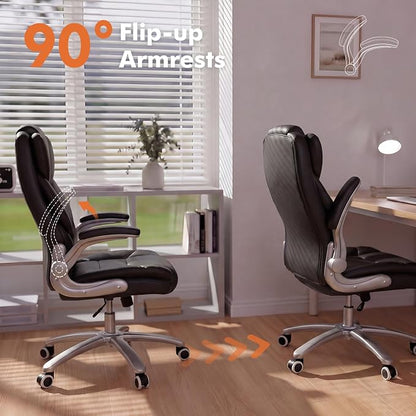 GYI Big and Tall 400lb Office Chair, Leather Executive Desk Chair, Black | 24"Wide Seat, High Back, Space-Saving Flip-up Arms, Lumbar Support, Heavy Duty Base, Home, Conference Room