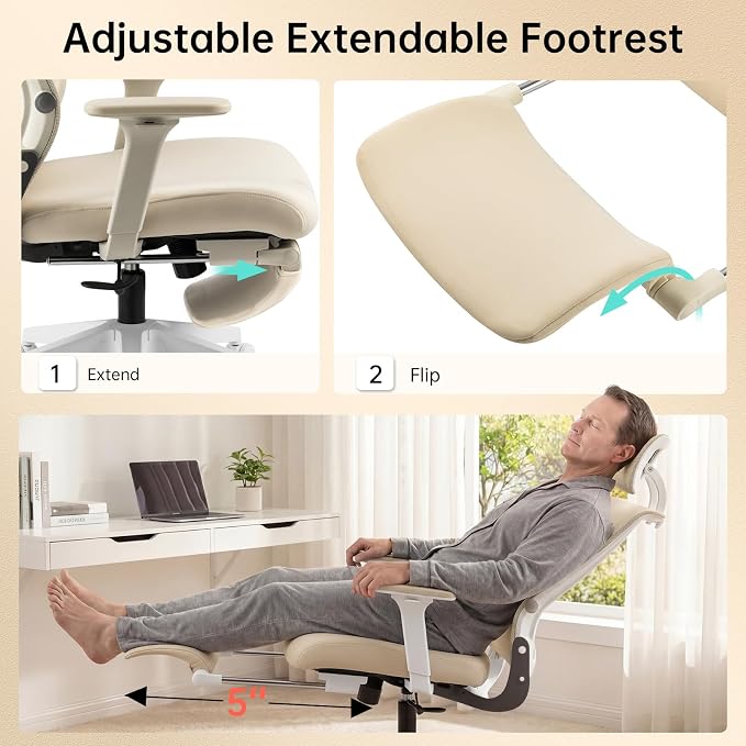 Foldable Office Chair with Foot Rest, Ergonomic Office Chair with Adjustable Lumbar Support, Headrest, Armrest, Home Office Desk Chair for Space Saving, Work from Home, Cream