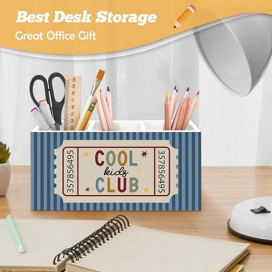 Classroom Pen Holder Organizer for Desk Accessories, Kids Room Decor, Cool Kids Club Retro Blue Striped Wooden Box Sign Desk Decorations for Classroom Boys Girls Room Bedroom Decor