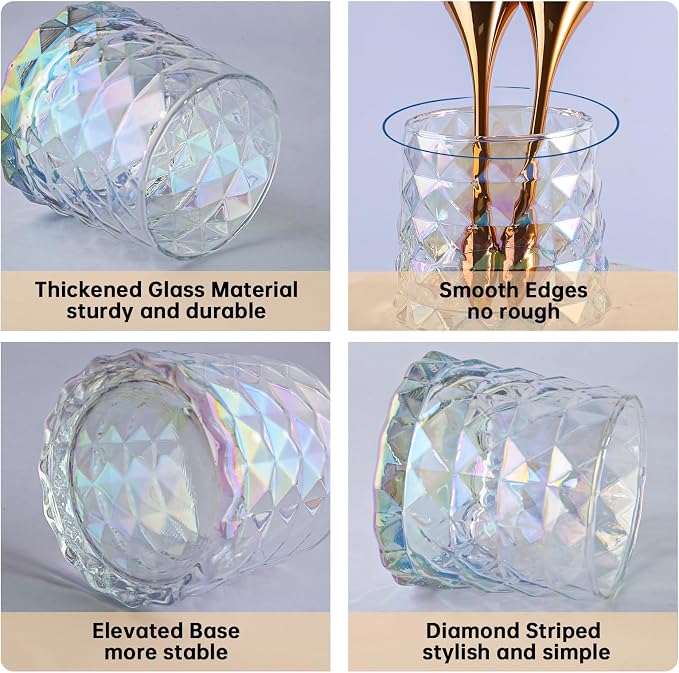 DASITON Glass Makeup Brush Holder Organizer, Diamond Pattern Cosmetic Storage Cup, Makeup Organizer for Vanity, Bathroom Countertop Toothbrush Holder, Desk Pen Pencil Holder (Iridescent)