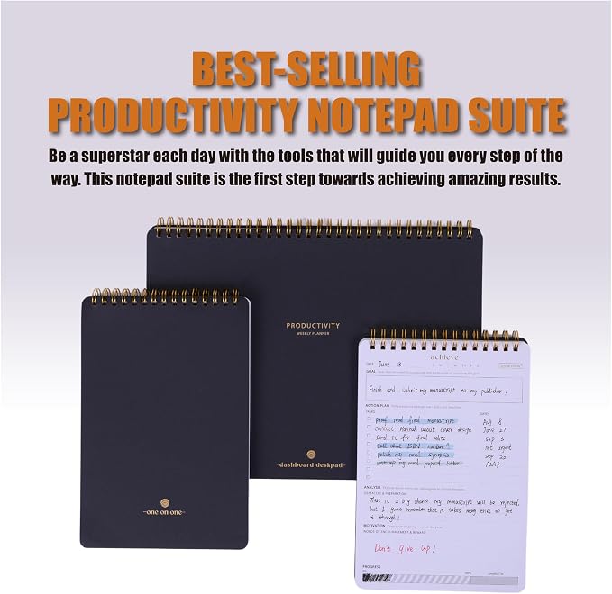 Productivity Notepad Suite - Bestselling Set Of 3 Notebooks, Including Weekly Planner, Goal Setting & 1:1 Meeting Notes- Keep Your Daily Projects, Clients, Meal & Responsibilities Organized