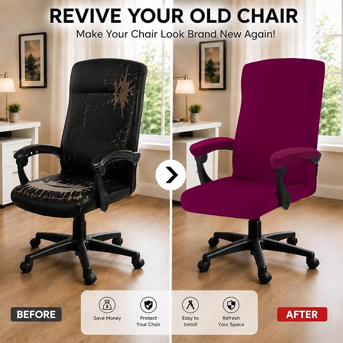 DIVA EN CAMINO DEC Stretch Computer Office Chair Cover with Armrest Covers Durable Zipper Universal Spandex Rotating Boss Chair Slipcovers Anti-dust Soft Desk Chair Seat Protector, Wine Red