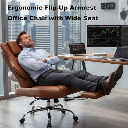 DYHOME Brown Leather Office Chair Cross Legged Sitting with Massage and Footrest, Heavy Duty Desk Chairs, Swivel Ergonomic Computer Gaming Chairs with Lumbar Support, Wheels Flip-up Arms Adjustable